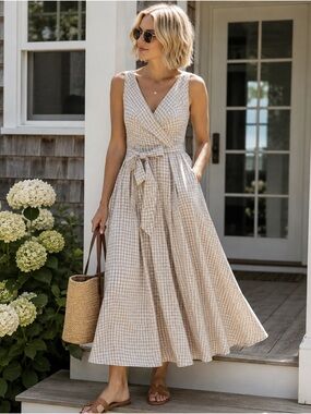 Donna Karan New York Gingham Faux-Wrap Maxi Dress Size 4 Cottagecore